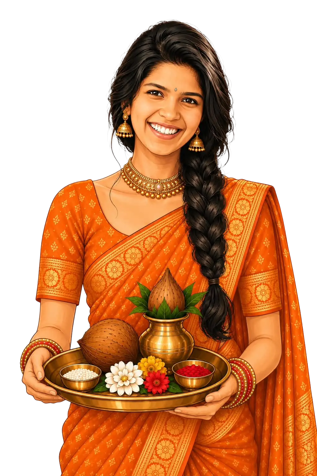 The bride holding a pooja thali for Gauri Pooje