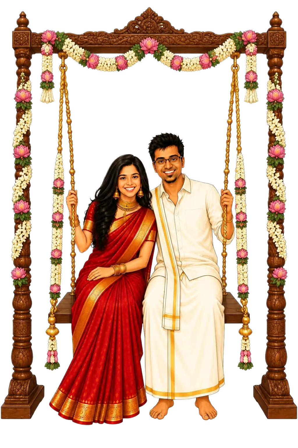 The couple seated on a floral swing for Oonjal