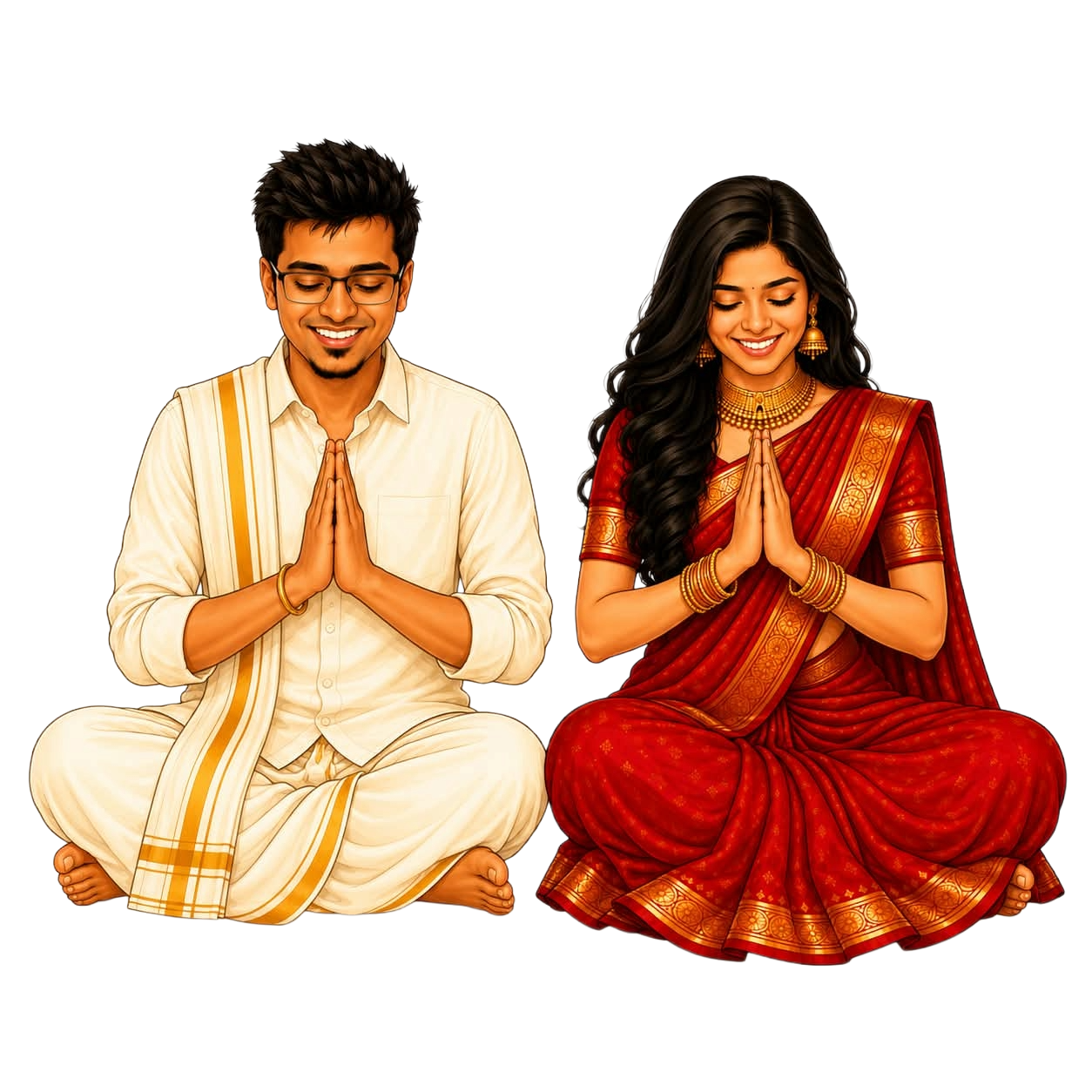 The couple seated in prayer for the Varapooje ceremony